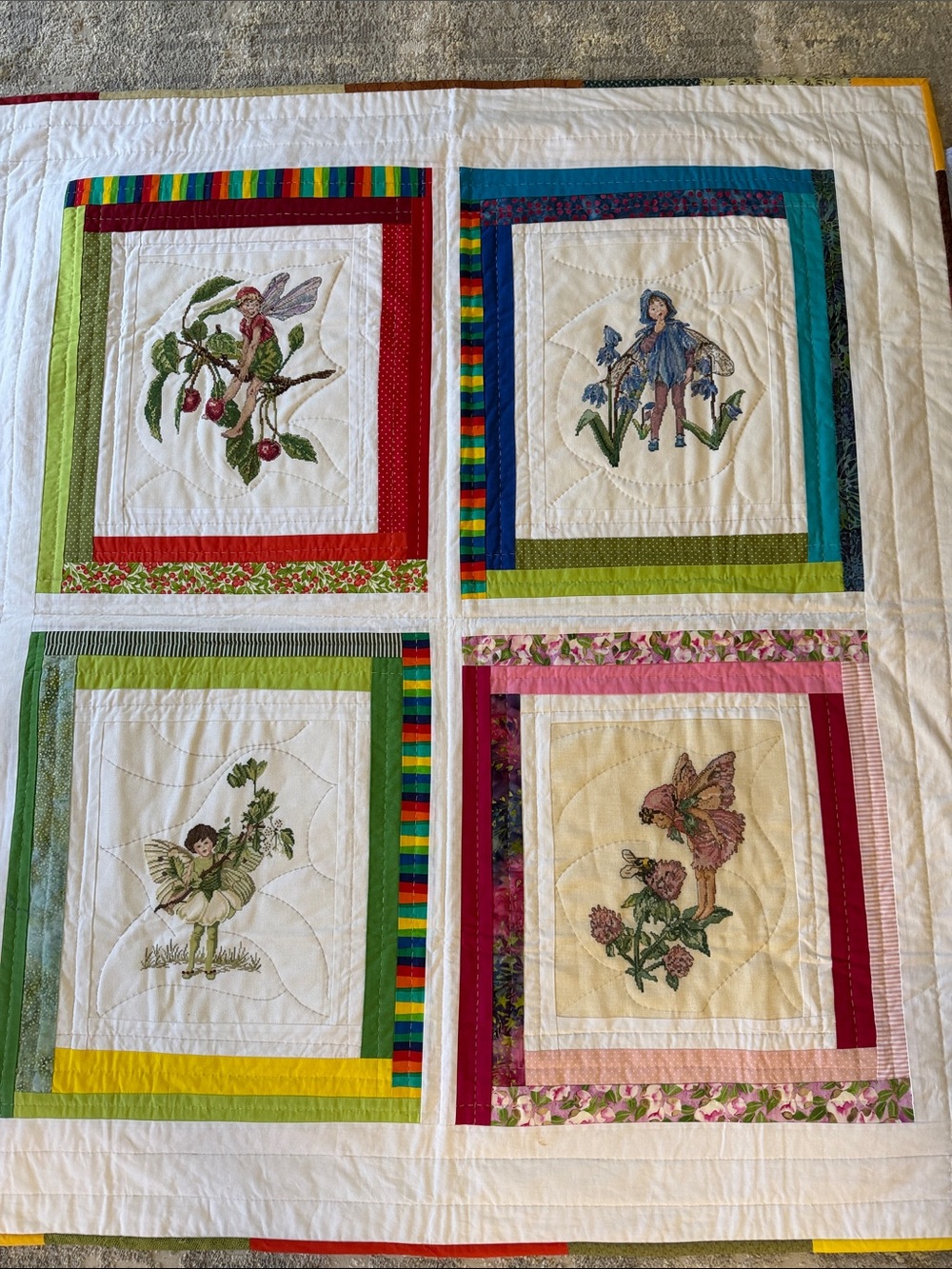 Embroidered Cross Stitched 4 Fairy Quilt with Multicolor Patchwork Blanket